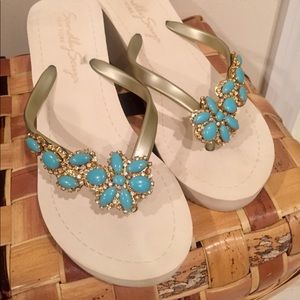 NWT Sand by Saya high wedge embellished sandal